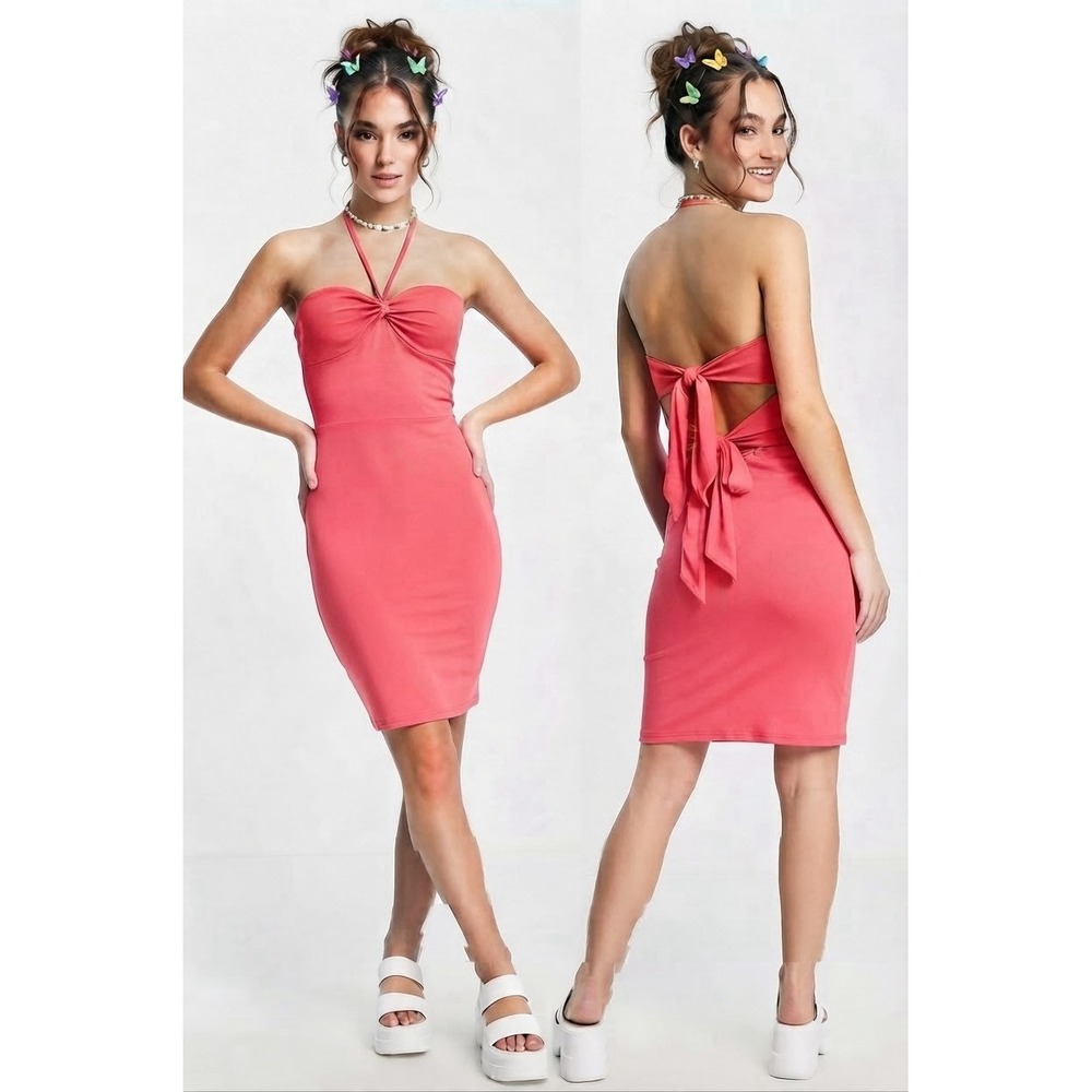 NWT Y2K Vintage Wet Seal Halter Dress Womens Sz S Hot Pink Bodycon Tie Back USA